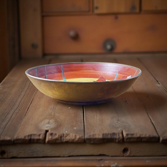 Vintage Capri Italy Porcelain Wall Bowl with Brass Back, Hand-Painted Iris, 6” D - Picture 7 of 10